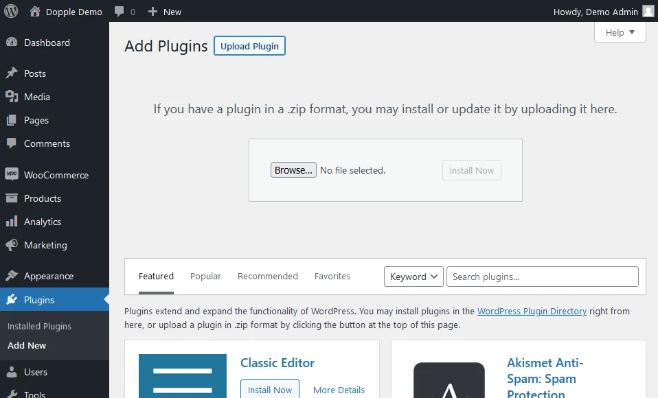 Admin dashboard: Upload a new plugin
